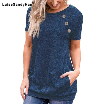 

Solid Round Neck Pocket Short-sleeved T-shirt Female Loose Casual Button Decoration Mid-length Bag Hip T-shirt Women 2020 Summer