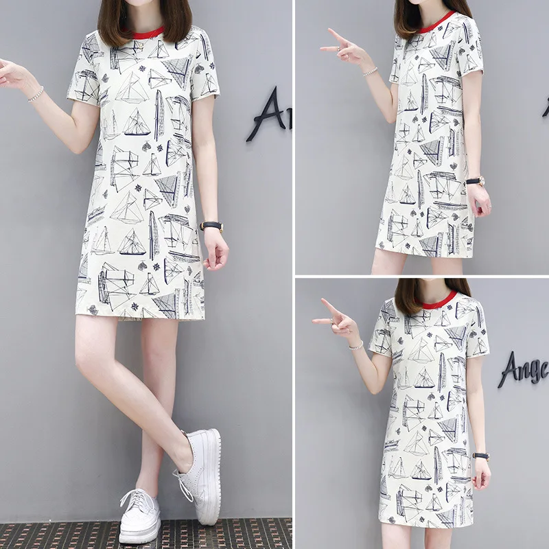 

Ozhouzhan 2019 Summer New Style Loose-Fit Slimming Short-sleeve Dress WOMEN'S Dress Fashion T-shirt Dress Straight-Cut Skirt Fas