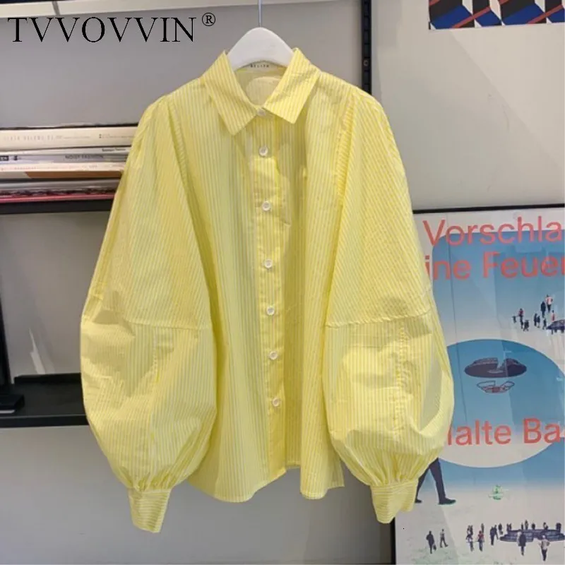 TVVOVVIN1 2019 Новая Летняя мода отложной воротник фонари рукава Полосатый однобортный рубашка Женская блузка Топы C296