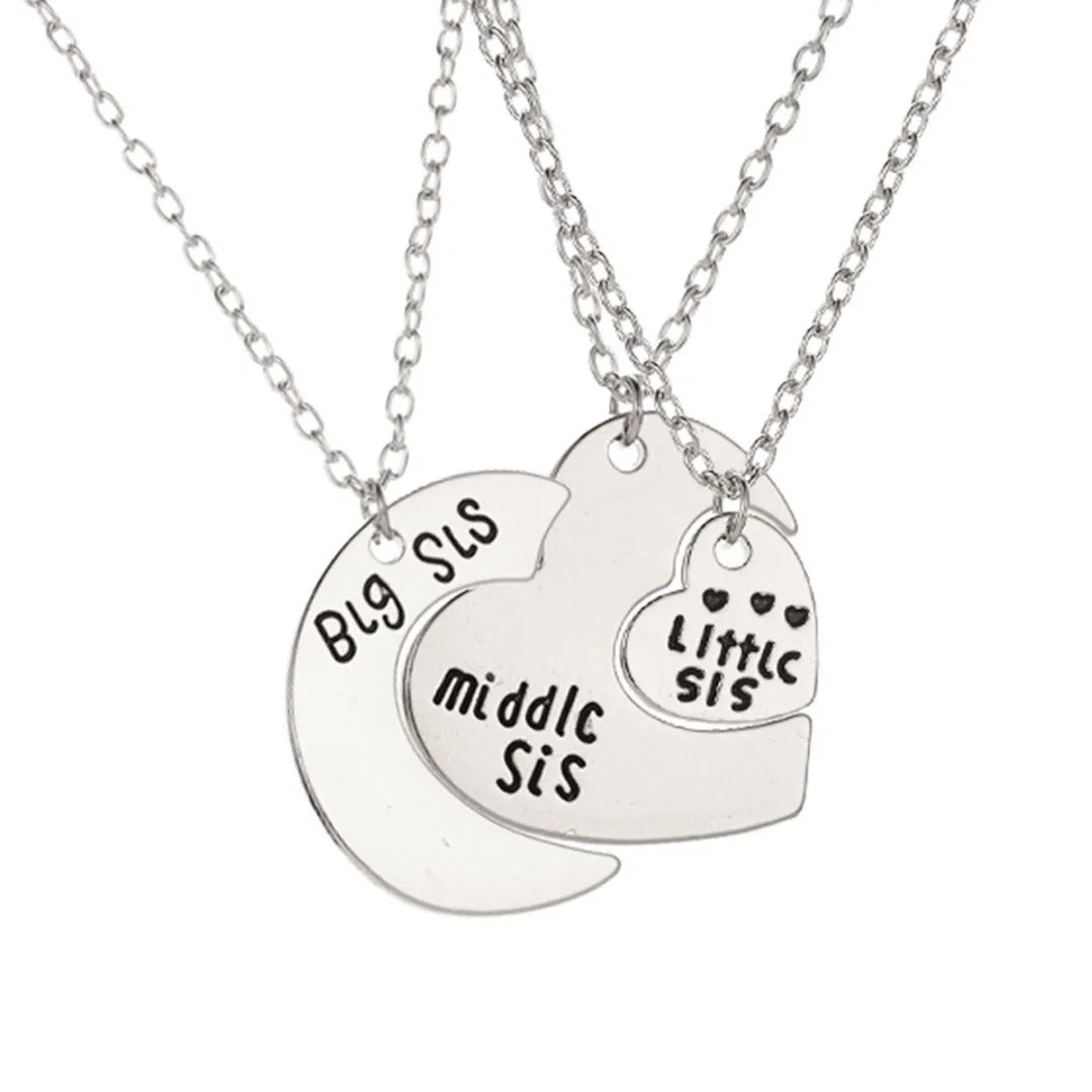 3pcs Fashion Moon Heart Necklace Pendant Statement Women Big Middle Little Sister Heart Family Love Friendship Necklace Jewelry