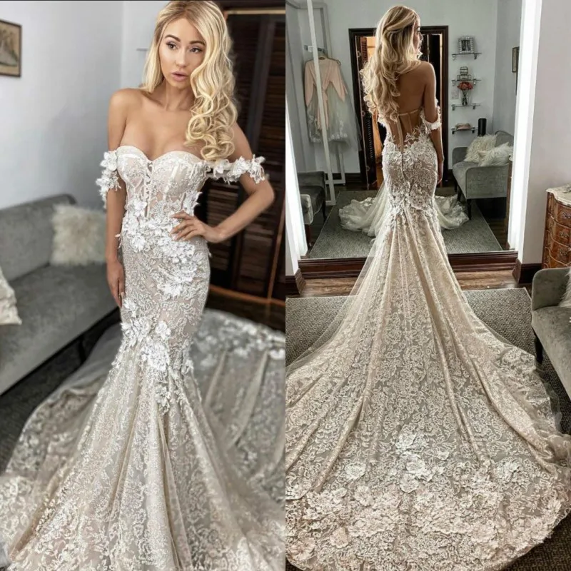 『Cheap!!!』- 2020 Sexy Berta Off Shoulder Mermaid Wedding Dresses Lace
3D Applique Sweep Train Backless Custom Made Bridal Gowns