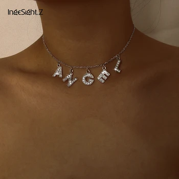 

IngeSight.Z Punk Shiny Crystal Initial Letter ANGEL Pendant Necklace Silver Color Rhinestones Choker Necklace for Women Jewelry