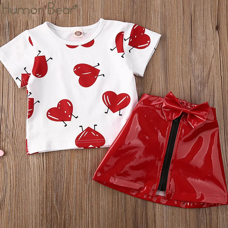 

Humor Bear Girls Clothing Sets Cool Hearted Printed Cotton Shorts Sleeve T-Shirt+Leather Skirt 2Pcs Children Clothes Suit