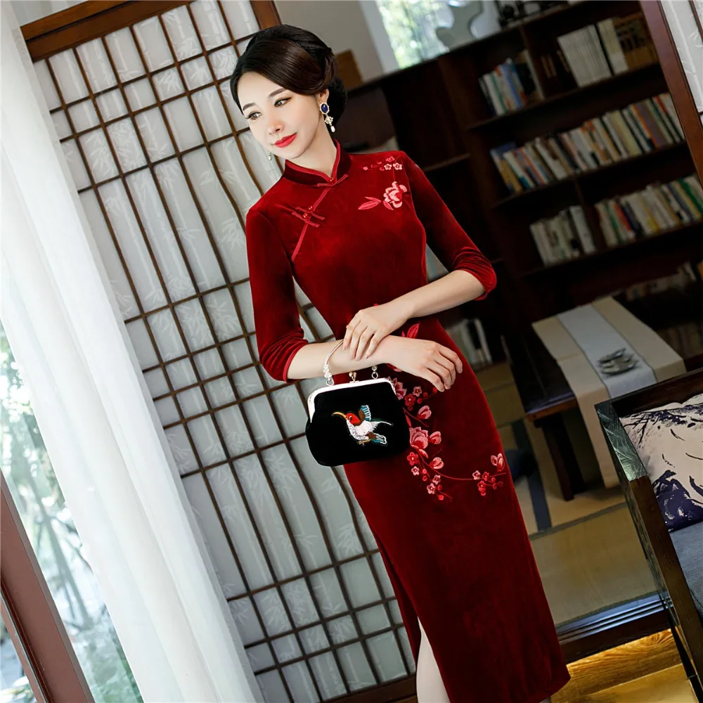 Shanghai Story/Новое поступление 3/4, длинное платье Qipao с рукавами бархатное китайское платье с разрезами по бокам и воротником-стойкой, с цветочной вышивкой, китайское женское платье 3 цвета