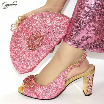 

Wonderful sandals with handbag nice pink high heel shoes and evening purse bag set with stones VC109 Heel Height 9CM