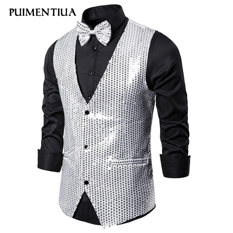

Puimentiua Men Sparkling Sequined Suit Vest With Tie Waistcoat Slim Fit Cosplay Stage Costume Party Wear 1Pc fashion 2019