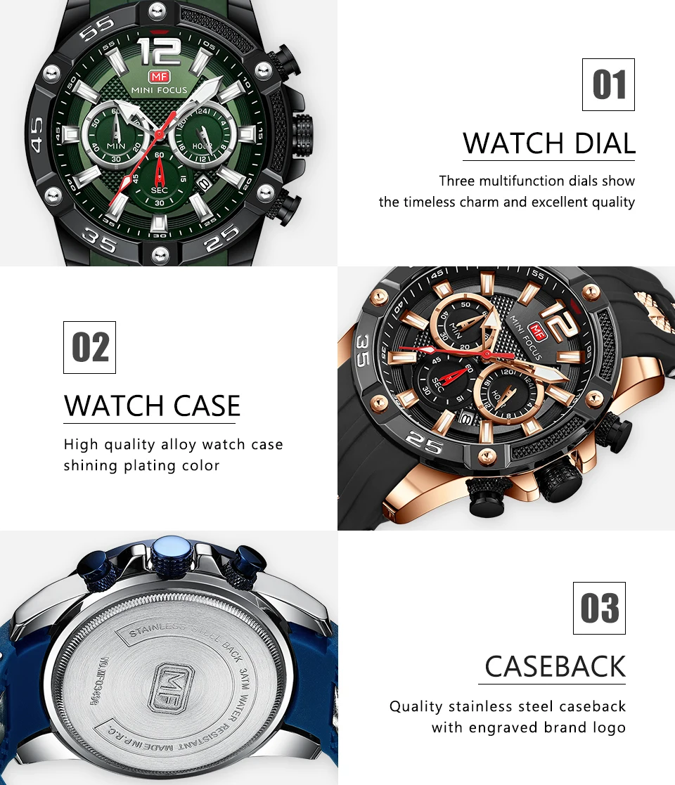 Military Mens Watches Quartz Clock Silicone Strap Multifunction Luminous Sports Casual Watch MINI FOCUS