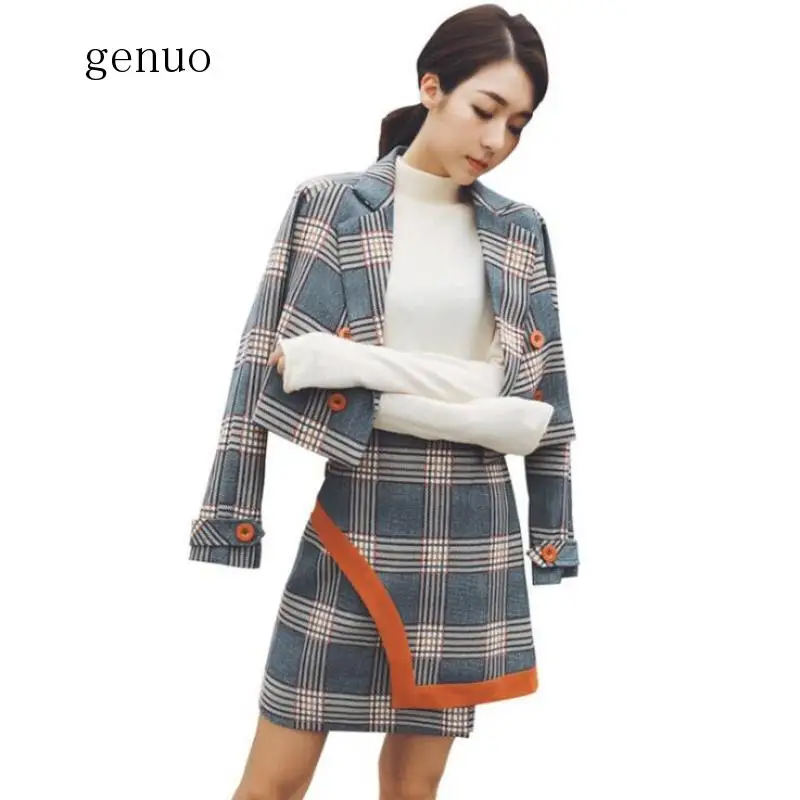 

Spring Formal Skirts Suits Women OL Two Piece Set Double-breasted Plaid Short Jacket Coat+High Waist Irregular Skirts