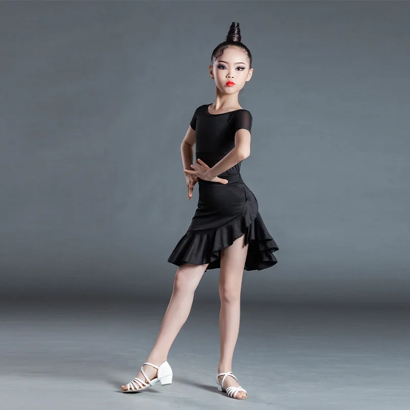 Latin Dance Dress 110-170cm Kids Adult Salsa/Ballroom/Tango/Cha Baby Girl Black tops Vestidos Solid Women Prefessional Costume