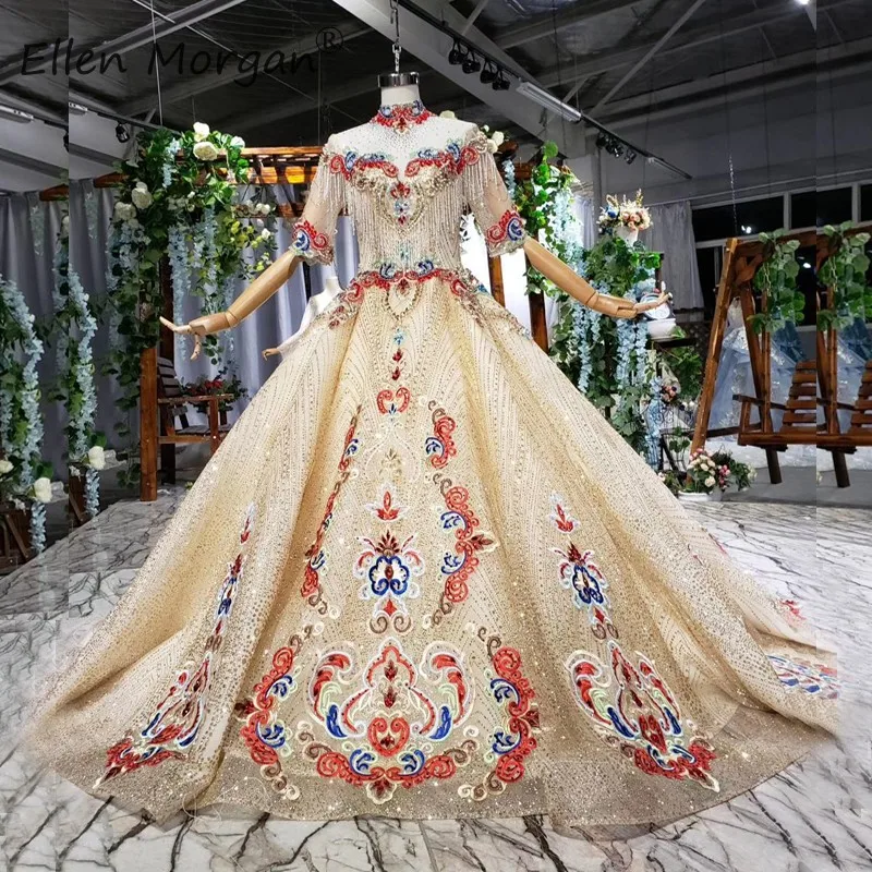 Color as picture Арабские цветные блестящие вечерние платья Bestidos De Gala, винтажные вечерние бальные платья с высоким воротом и рукавом до локтя, с блестками и бусинами - Цвет: Color as picture