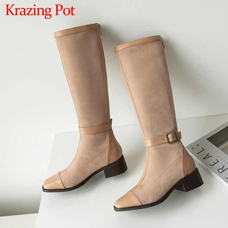

Krazing Pot mixed colors cow leather stretch flock square toe med heels buckle straps winter warm women thigh high boots L2f1