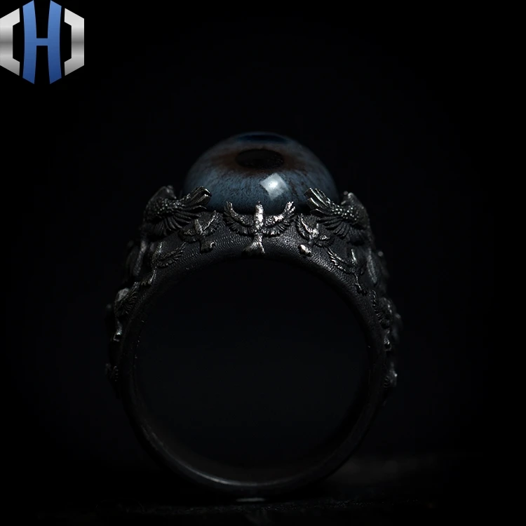 Дизайн, ручная работа, серебряное кольцо с вороной, индивидуальное кольцо с кошачьим глазом, кольцо с диким глазом для мужчин и женщин