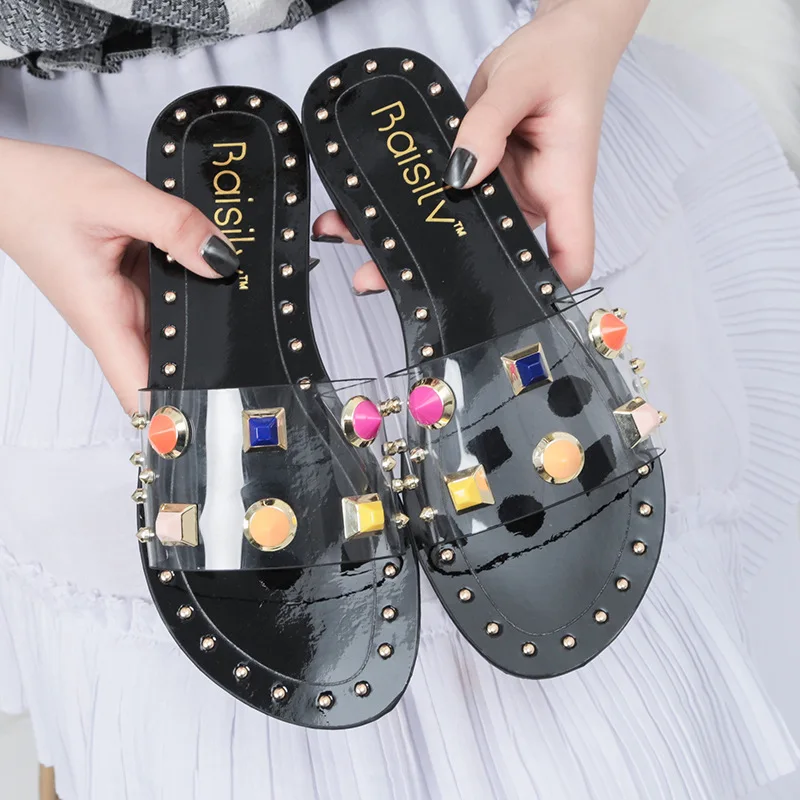 

Luxury Slides Shoes For Girls Flat Slippers Shose Women Low Transparent Heel Multicolored Sandals Jelly Flip Flops