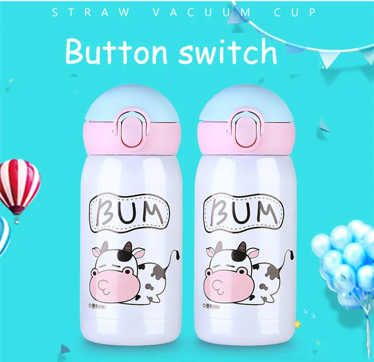 Bpa-free 300 мл детская питьевая 304 нержавеющая сталь соломы термос чашка портативный веревка мини вакуумная колба мультфильм чай бутылка для воды