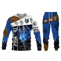 Pull à capuche imprimé loup féroce en 3D pour homme, ensemble de vêtements de sport à manches longues pour l'automne et l'hiver 