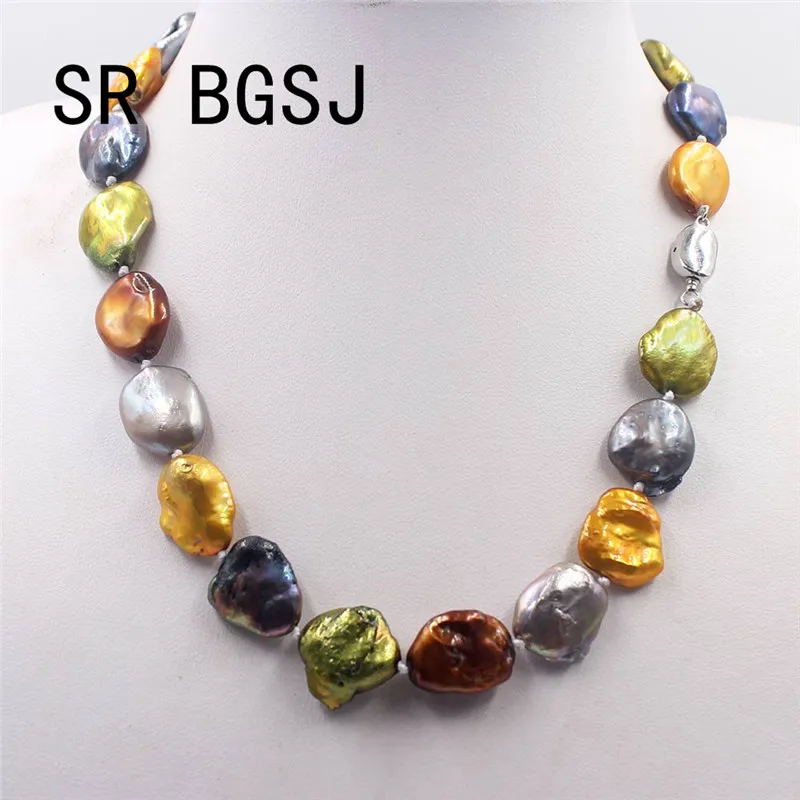 Free Shipping 14-16mm Women Jewelry Reborn Baroque Multicolor Freshwater Pearl Knot Moon Clasp Necklace 18inch