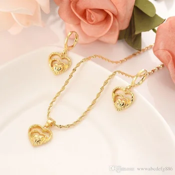 

Solid Gold G/F Twin heart flower women Jewelry Sets Europe bridals Wedding jewelry Gift Dubai pendnat earrings diy charms