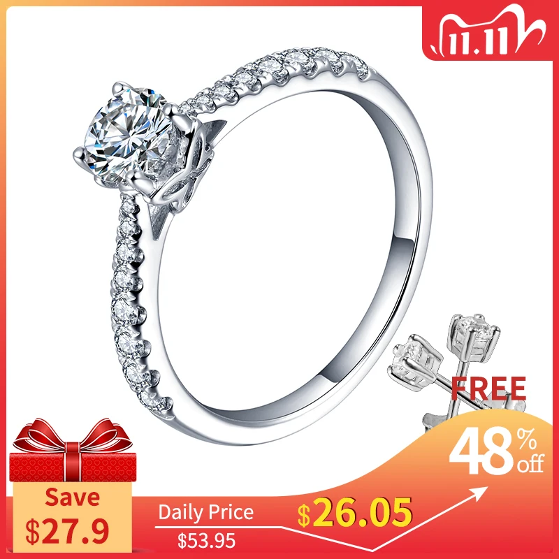 

ATTAGEMS 0.5ct 5.0mm EF Round Rhodium Plating 925 Silver Moissanite Ring Diamond Test Passed Jewelry Woman Girlfriend Gift