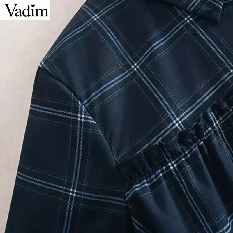 Vadim women vintage plaid print mini dress ruffles long sleeve female casual straight dresses retro vestidos mujer QC882