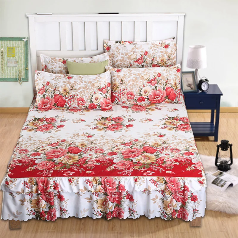 

Romantic Bed Skirt Polyester Fabric Flowers Printed Bedspread Soft Bed Sheet for Wedding Decoration Bed Cover with Elastic Band