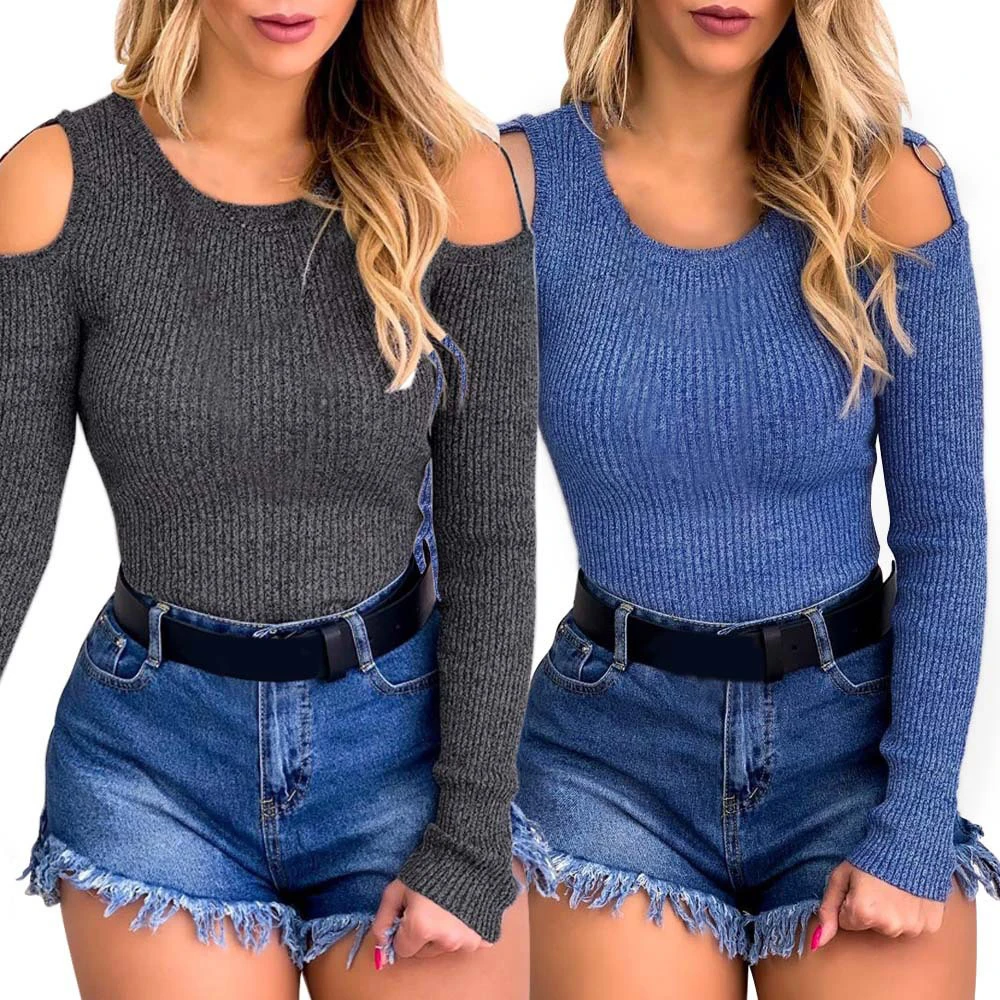 2019 модная Женская Осенняя Сексуальная футболка вязаные топы с длинным рукавом