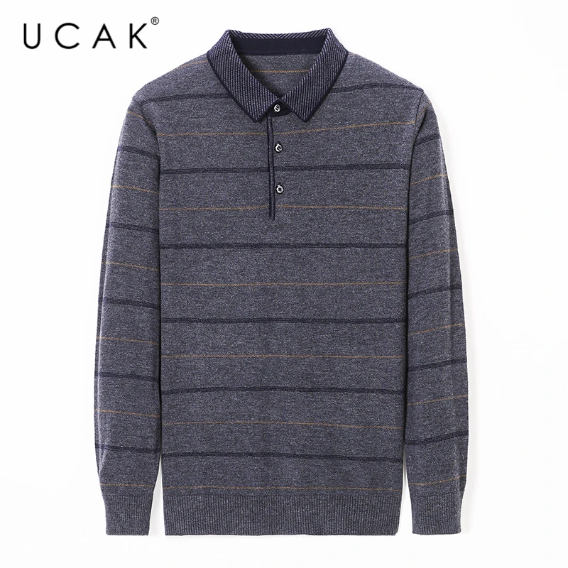 

UCAK Brand Streetwear Striped Sweaters Mens Clothes Autumn Winter Turn-down Collar Sweater Pull Homme Pullover Clothing U1092