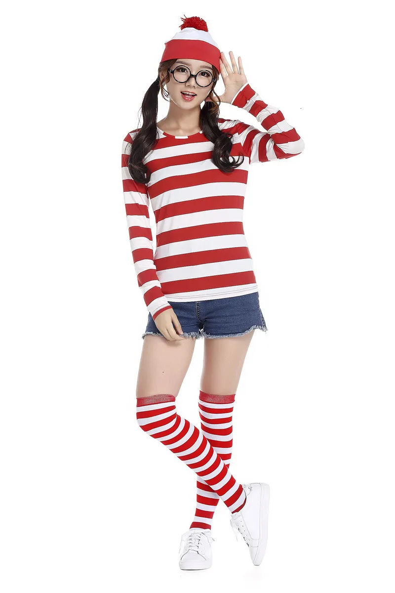 S-XXL Parent-Child Cartoon Where is Wally Waldo Costume Waldo Book Week Cosplay Outfit Stripe Shirt Hat Glasses Kit vampire costume women