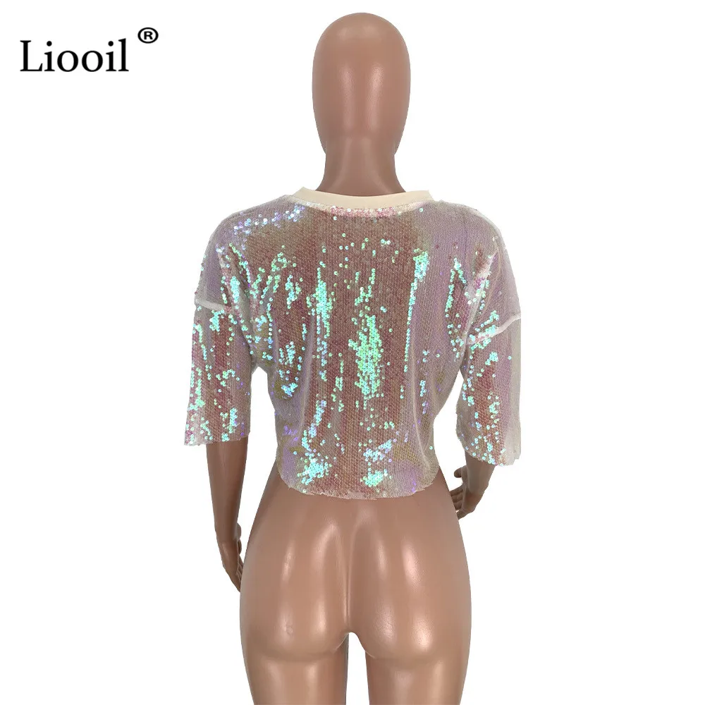 Liooil Однотонная футболка с блестками, женский сексуальный топ, короткий рукав, Круглый ворот, Свободный пуловер, женские футболки, Клубные Короткие топы