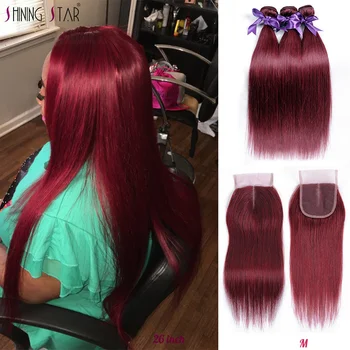 

Brazilian Straight Hair 3 Bundles With Closure Remy Human Hair Bundles With Closure 99J Burgundy Human Hair Bundles Shining Star