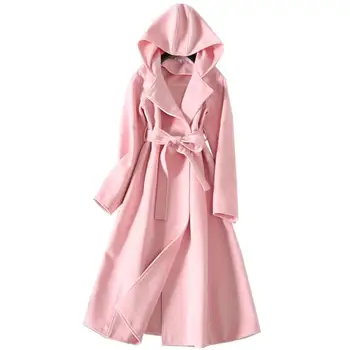 

autumn winter women new long wool blends hooded loose double-faced belted woolen coat
