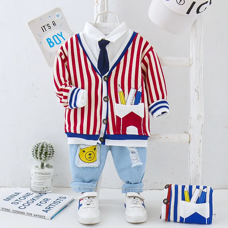

2020 Spring And Autumn Korean-style Childrenswear BOY'S Cartoon Cowboy Trousers Infants Child Baby Stripes Cardigan Coat Three-p