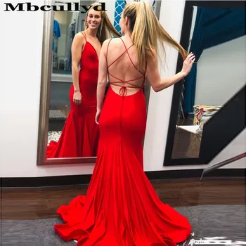 

Mbcullyd Elegant Mermaid Prom Dresses Long Sexy Cross Back Formal Evening Party Dress Sweep Train Red vestidos de gala cortos