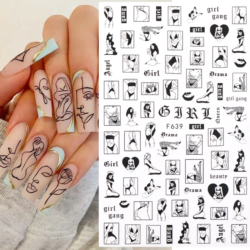 1PC Sexy Lady Shaped 3D Nail Stickers Character Face Image Leaves Flower Decals Slider Black White DIY Nail Art Decorarion image_0