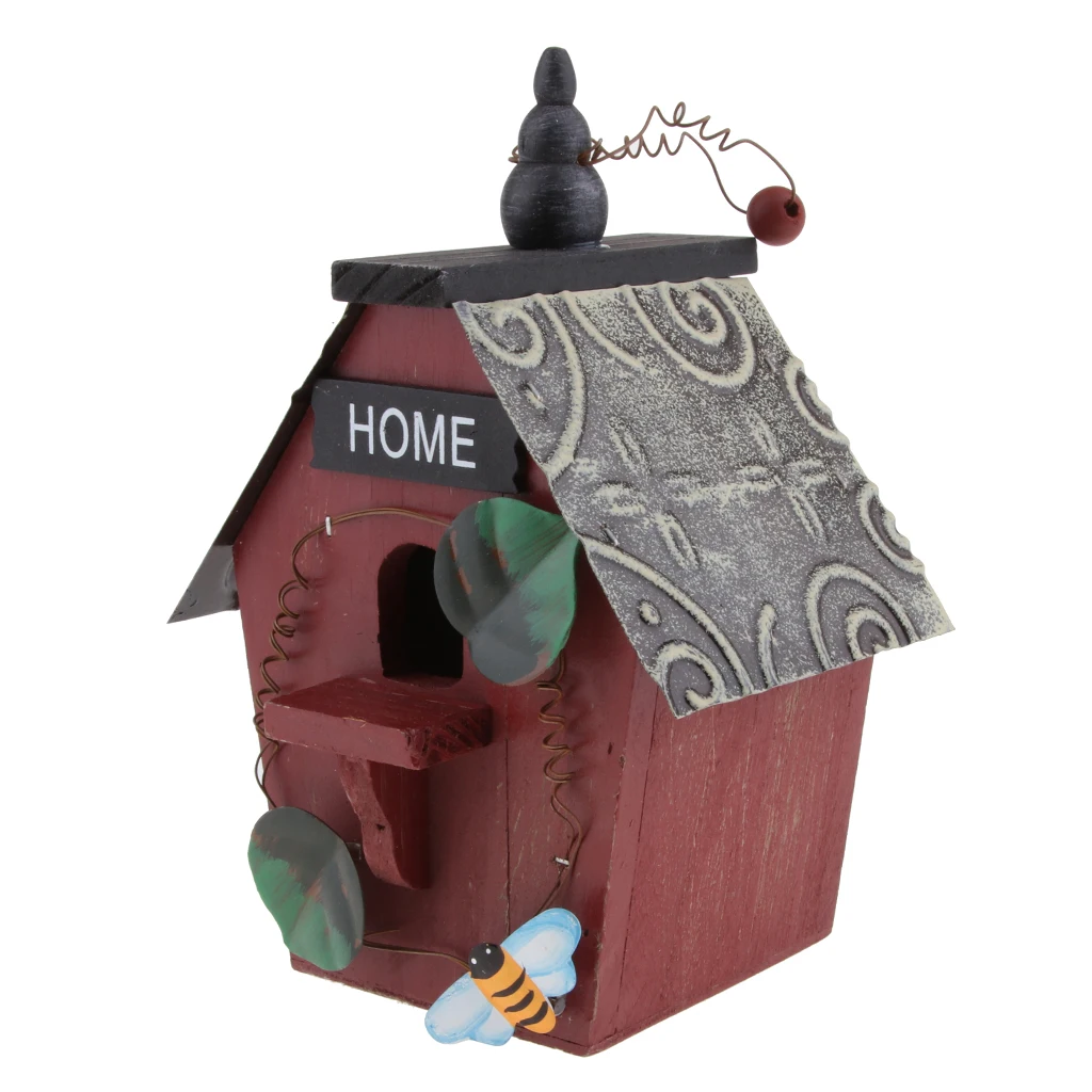 Hand-painted Wooden Birdhouse with Jute Cord Home Outdoor Garden Decoration