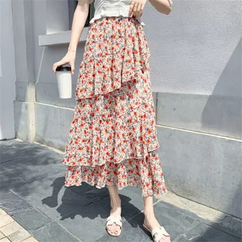 

Women High Waist Chiffon Skirt Cake Ruffle Spring New Women's Sweet Floral Print Tired Cake Skirts Korean Midi A-Line Skirts