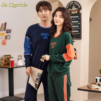 

Home Clothes Women's 100% Cotton Printing Sport Style Long Sleeve Autumn Winter Sleeping Suits for Couple Fashion Couple Pajamas