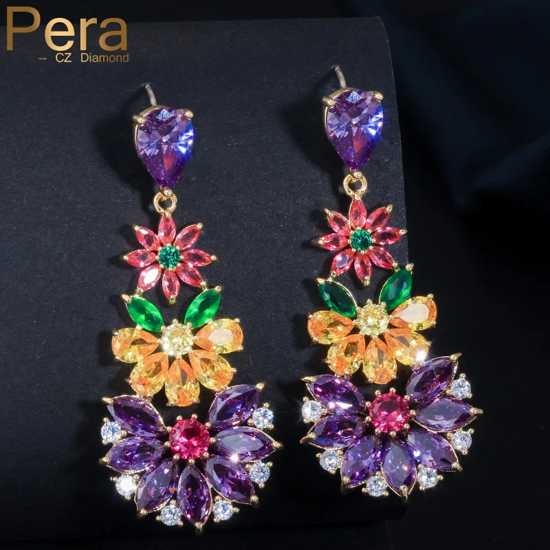 

Pera Trendy Women Party Sterling Silver 925 Pin Ear Big Multicolored Cubic Zirconia Long Flower Drop Shape Earrings Jewelry E015