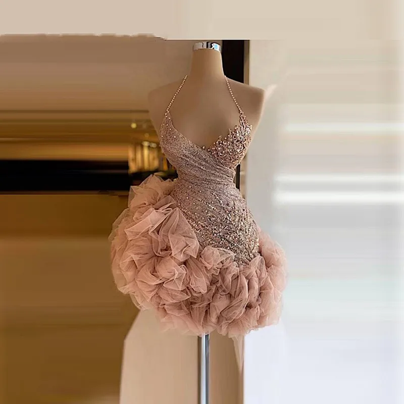 Dusty Pink Mini Cocktail Party Dresses Ruffles Sequins Short Prom Gowns Halter Sexy Back Formal Celebrity Vestido De Festa