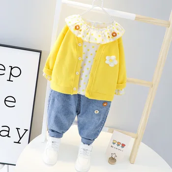 

Autumn Baby Girl Set Lovely Newborn Dot Blouse+Cardigan Coat+Jeans Three Piece Infant Clothing Outfit Cotton Toddler Kids Suit