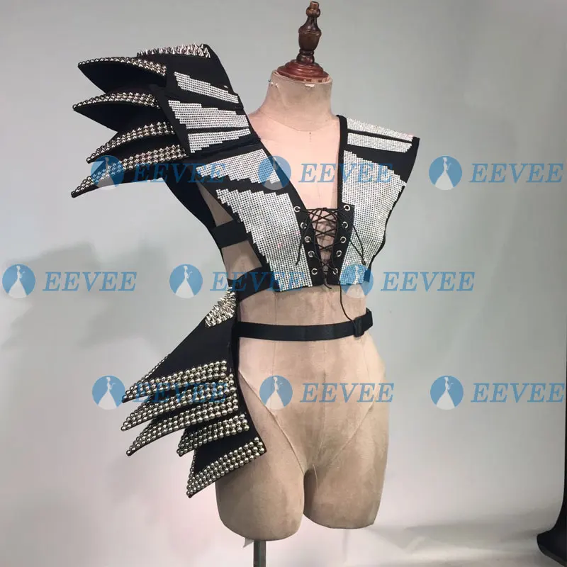 

Black women sexy performance set female singer dancer gogo costume rivet armor super star sytle stage show wear