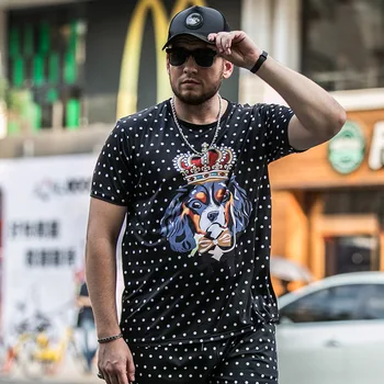 

GONTHWID New men's fat short-sleeved T-shirt clothes dog head print plus fertilizer to increase quick-drying vacation leisure