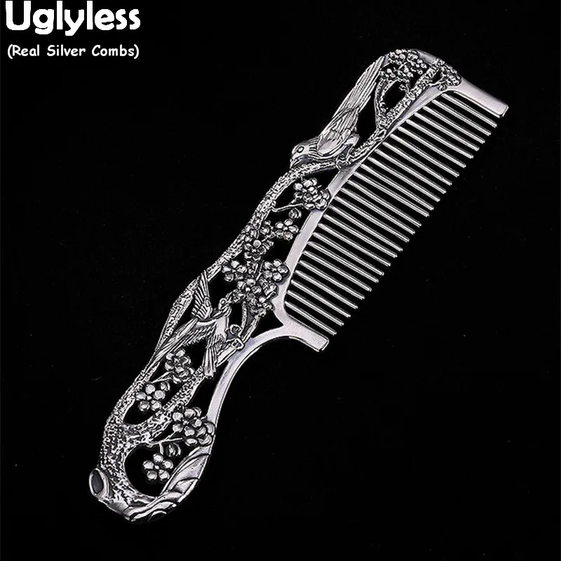 Гребень для волос Uglyless из настоящего серебра 999 пробы с цветком сливы женщин