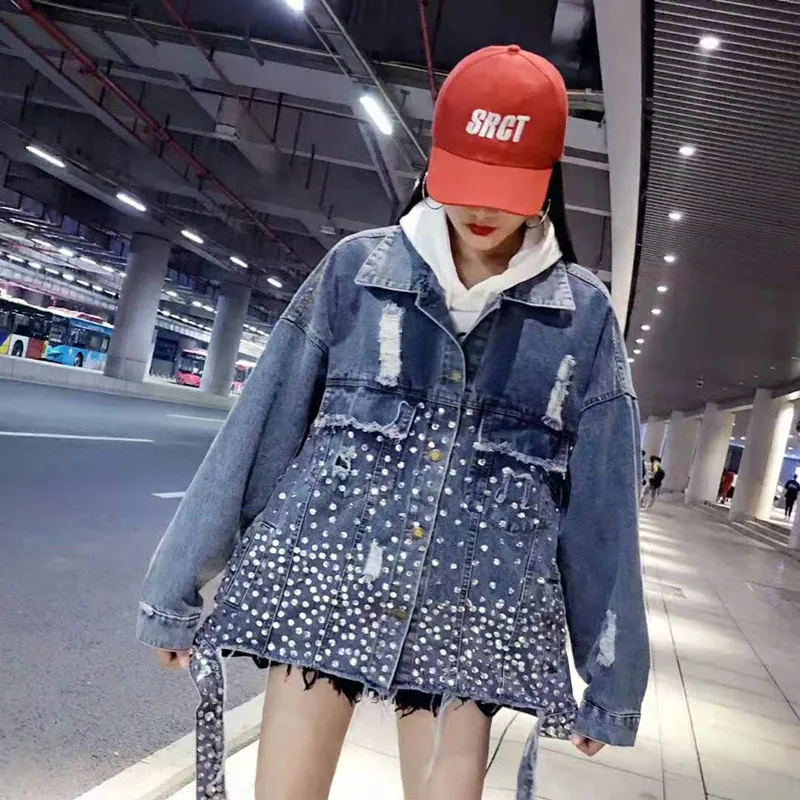 New  Women Sequins Denim Jacket Ripped Basic Jacket Hip Pop Design Long Sleeves Coats Rhinestone Streetw