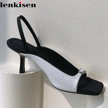 

Lenkisen new handmade cow leather peep toe thin high heels lace on young lady daily wear office lady buckle straps sandals L11