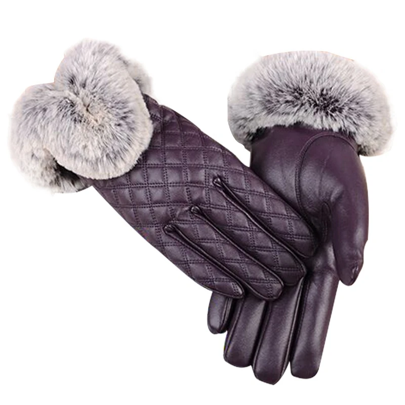 Женские зимние перчатки из натуральной овечьей кожи Настоящий мех кролика толстые теплые осенние кожаные меховые женские - Цвет: Purple