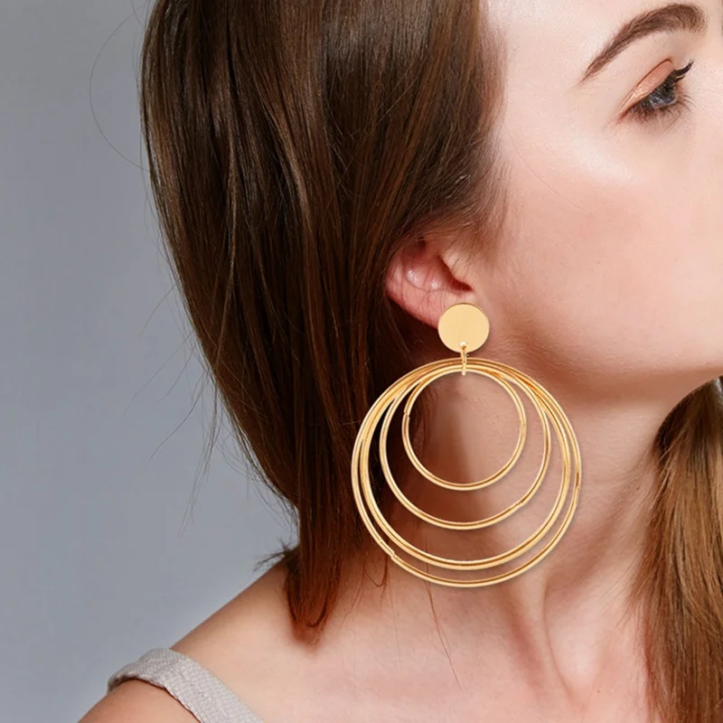 

New Fashion Exaggerated Gold Color Big Hollow Multi-Layer Round Circle Design Hoop Earring Jewelry Gift For Lover's Girls