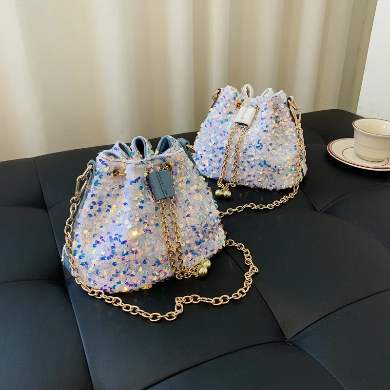 

Sequin Chain Female Bag 2020 New Fashion Tassel Bucket Bag Pu Korean Version of The Simple Handbag Shoulder Bag Messenger Bag
