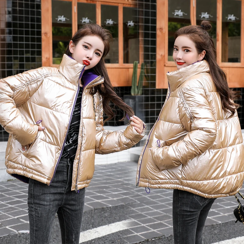 

2019 Winter Glossy Women Down Jacket Student Short Coat Loose Stand Collar Women Warm Outwear Down Padded Female Casual Parkas