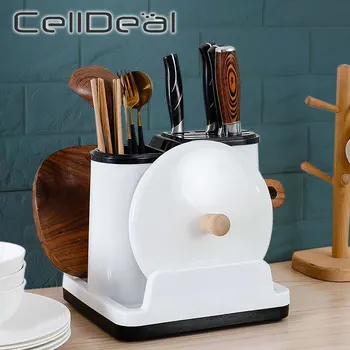

Kitchen Utensil Holder Knife Storage Rack Multi-Functional Tableware Cutting Board Block with Drainboard Knife Shelf Organizer