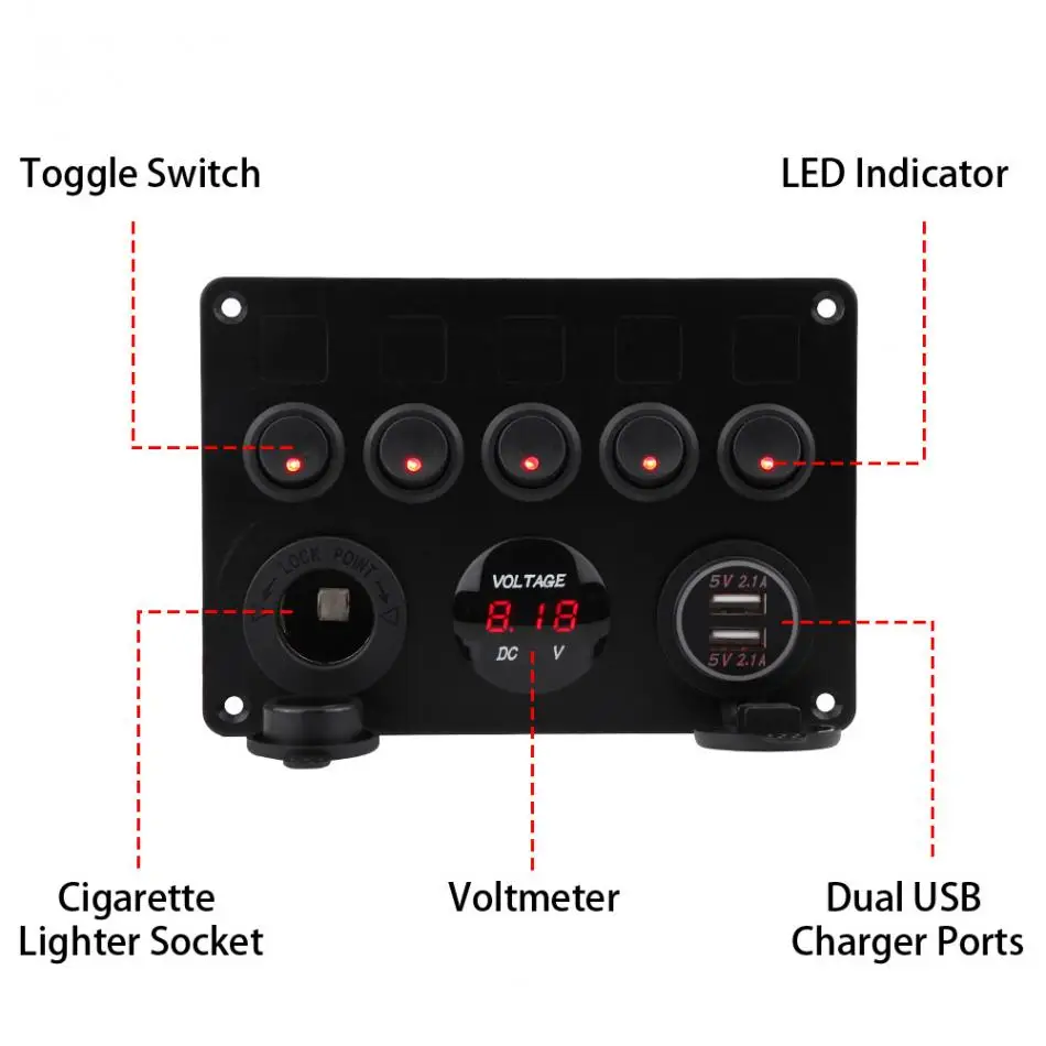 12-24V 5 Gang ON-OFF Toggle Switch Panel Dual USB Socket Charger LED Voltmeter 12V Power Outlet for